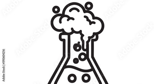 An illustration of a science experiment with a flask emitting smoke and bubbles from a chemical reaction, viewed from the front.