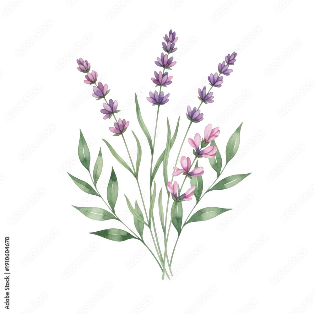 Fototapeta premium A beautiful illustration of purple flowers with green leaves and stems isolated on transparent background