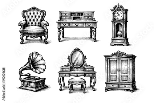 Vintage furniture engraving set, antique interior decor sketches in woodcut style isolated on white