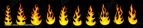 Vector set of different shine tongue of flame icon on black background. Collection of illustration of bright red and yellow color burning flame of fire. Flat style design of fire symbol