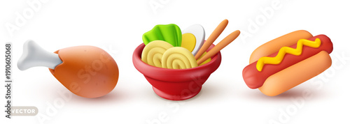 Vector set of illustration of realistic fast food. Fried chicken leg. Hot dog with mustard sauce. Asian meal with noodles and egg in bowl. 3d style design. Meat meal of fast food restaurant