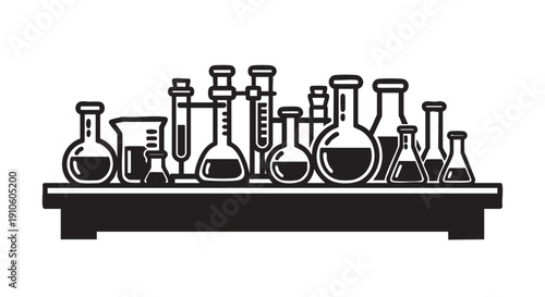 Laboratory equipment on a table, viewed from the front, containing various glassware and flasks used in scientific experiments
