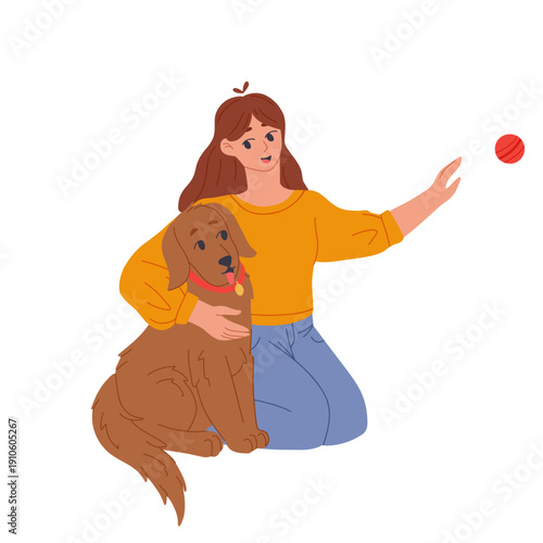 Young woman playing with her dog, throwing a toy, spending time together. Cute daily moments of pet care and fun. Flat vector cartoon illustration for lifestyle design, apps, web and print