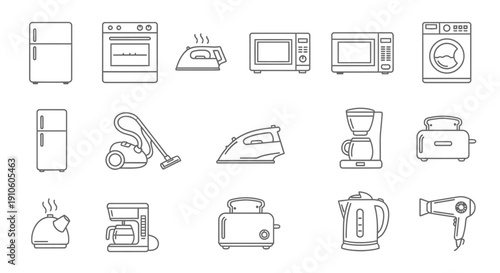 Household appliances and kitchen electronics line icon set. Vector symbols for washing machine, refrigerator, stove, microwave, vacuum cleaner, kettle, iron, and hairdryer. Isolated simple design.