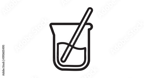 A simple line illustration of a beaker with a stirring rod inside, depicted from a straightforward front view.