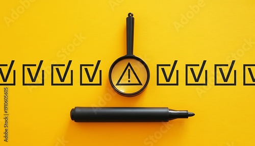 Wallpaper Mural Magnifying glass inspecting checklist icons with warning alert symbol on yellow background, risk assessment and quality control concept, minimal 3D render with copy space Torontodigital.ca