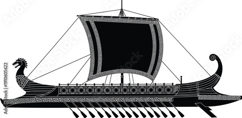Ancient Greek trireme warship silhouette with sail, oars, dragon prow, naval architecture illustration concept for history, maritime, classical civilization, military, cultural artwork design