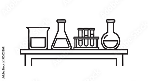 Laboratory equipment on a table in a science lab setting viewed from the side