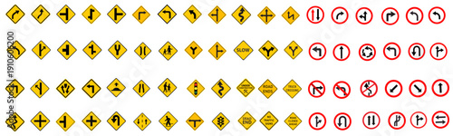 Road Signs and Symbols set. Collection of warning, mandatory, prohibition and information traffic signs. Vector illustration icon set