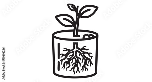 A simple illustration of a plant with visible roots in a transparent container from a straightforward viewpoint