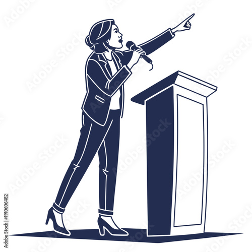 Woman giving a speech and pointing at podium illustration