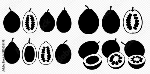 Set of black silhouettes of passion fruits, whole and cut, with seeds, in various shapes and sizes, isolated on transparent background.