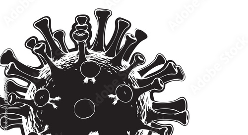 A black and white illustration of a virus cell viewed from the side, showcasing its detailed structure and protrusions