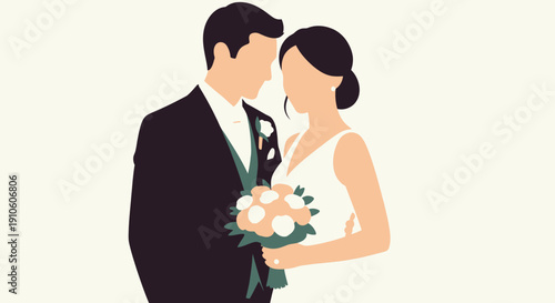 Romantic couple embracing on their wedding day together.