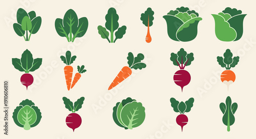 Assorted Vegetables and Leafy Greens in a Grid Pattern.