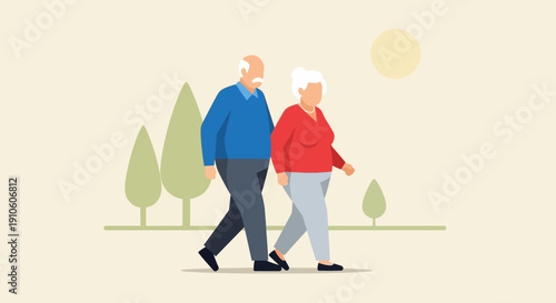 Elderly Couple Walking Together in a Serene Outdoor Setting.
