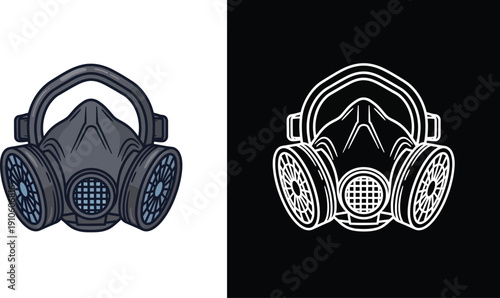 Gas mask illustration on contrasting backgrounds.