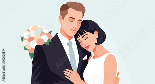 Illustration of a bride and groom embracing on their wedding day.