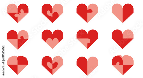 Collection of red heart icons in various shades and puzzle piece designs.