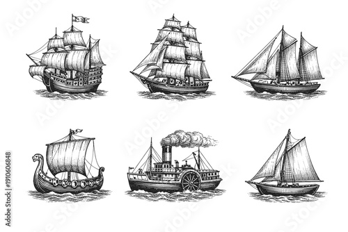 Vintage maritime vessel engraving set, antique sailing ships and early steamboats in woodcut style