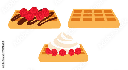 Three delicious waffles with different toppings and fillings.
