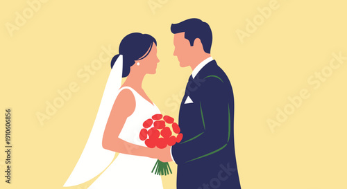 Illustration of a bride and groom standing together holding flowers.