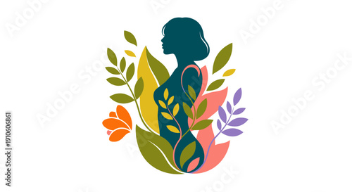 Woman silhouette surrounded by colorful leaves and foliage.