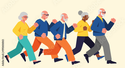 Group of senior citizens running together in a vibrant display of health and wellness.