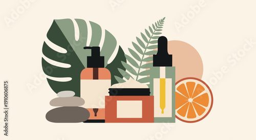 Assorted skincare products with natural ingredients and tropical leaves.