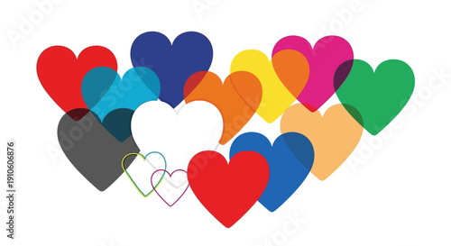 Colorful hearts arranged in a circular pattern on white background.