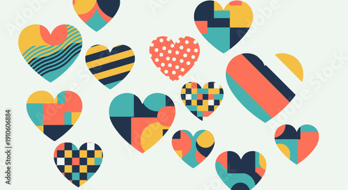 Colorful abstract hearts with various patterns and designs.
