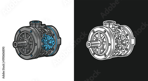 Detailed illustration of a complex mechanical gearbox with visible internal gears, presented in both color and monochrome line art versions.