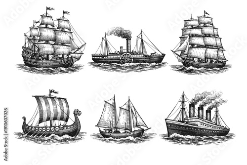 Vintage maritime vessel engraving set, antique sailing ships and early steamboats in woodcut style