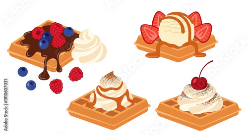 Assorted Waffles with Toppings and Desserts.