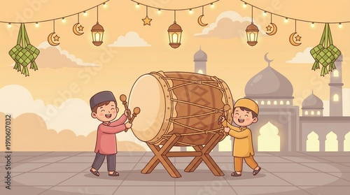 Animated clipart illustration of Indonesian traditional bedug in the courtyard of a mosque during Ramadan dusk, cute and warm cartoon style