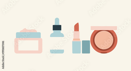 Assorted cosmetics and beauty products arranged neatly.