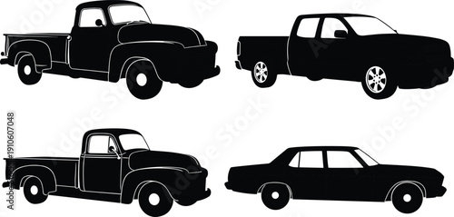 Set of black vehicle silhouettes featuring classic pickup trucks and a vintage sedan isolated on white background for automotive design (20 words)
