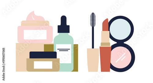 Assorted beauty products and cosmetics arranged on a white background.