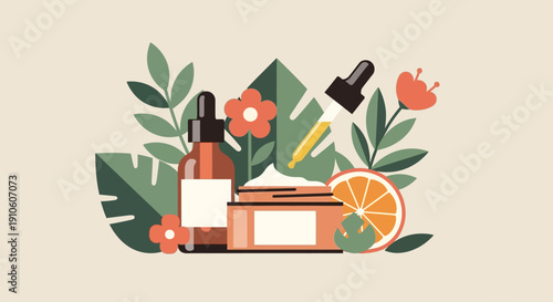 Natural skincare products with orange and green leaves.