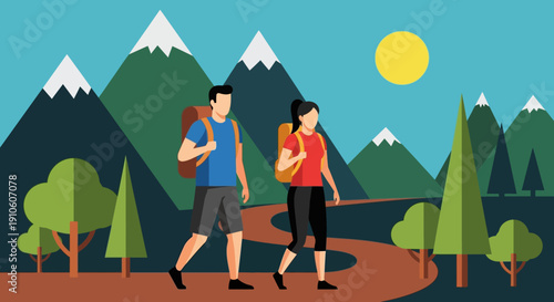 Couple hiking together on a scenic mountain trail.