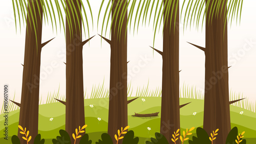 tall brown tree trunks in green forest field with yellow flower grass