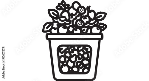 A simple line drawing of a potted plant with flowers and leaves in a container