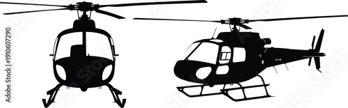 Black helicopter silhouettes showing front and side views with detailed rotors and landing skids isolated on a white background vector (20 words)