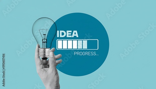 Wallpaper Mural Light bulb held in hand with idea progress loading bar concept, creative thinking and innovation development, business startup inspiration, minimal blue background design Torontodigital.ca