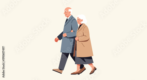 Elderly couple walking together in casual attire.