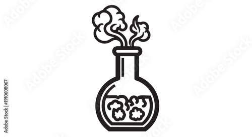 A round-bottom flask containing a chemical reaction emitting smoke and vapor is illustrated with simple black lines on a plain background from a straightforward viewpoint