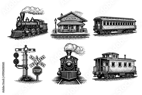 Vintage train, railway engraving set, retro steam locomotive and railroad sketches in woodcut style