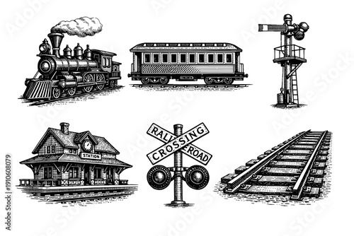 Vintage train, railway engraving set, retro steam locomotive and railroad sketches in woodcut style