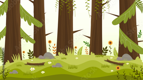 green forest meadow with flowers tree trunks and blue sky background