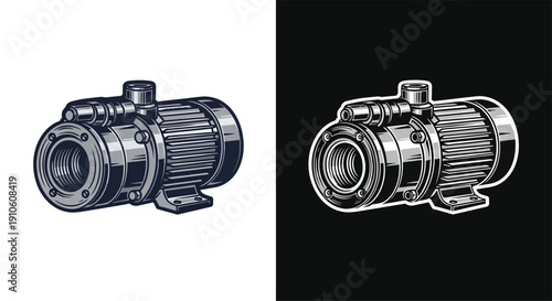 Industrial pump equipment machinery illustration on contrasting backgrounds.